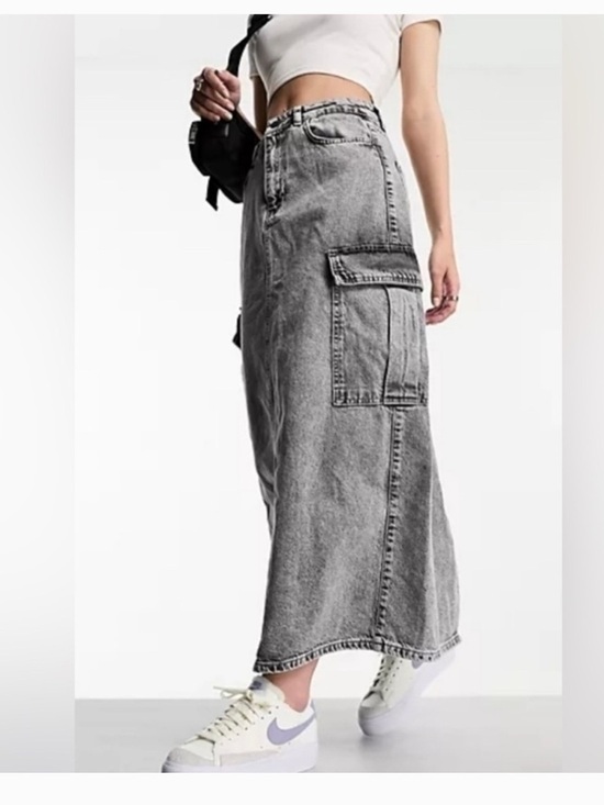 love, Fire Dresses & Skirts - Love fire Gray Acid Wash Cargo Denim Midi Skirt High Rise Utility Style Size 5